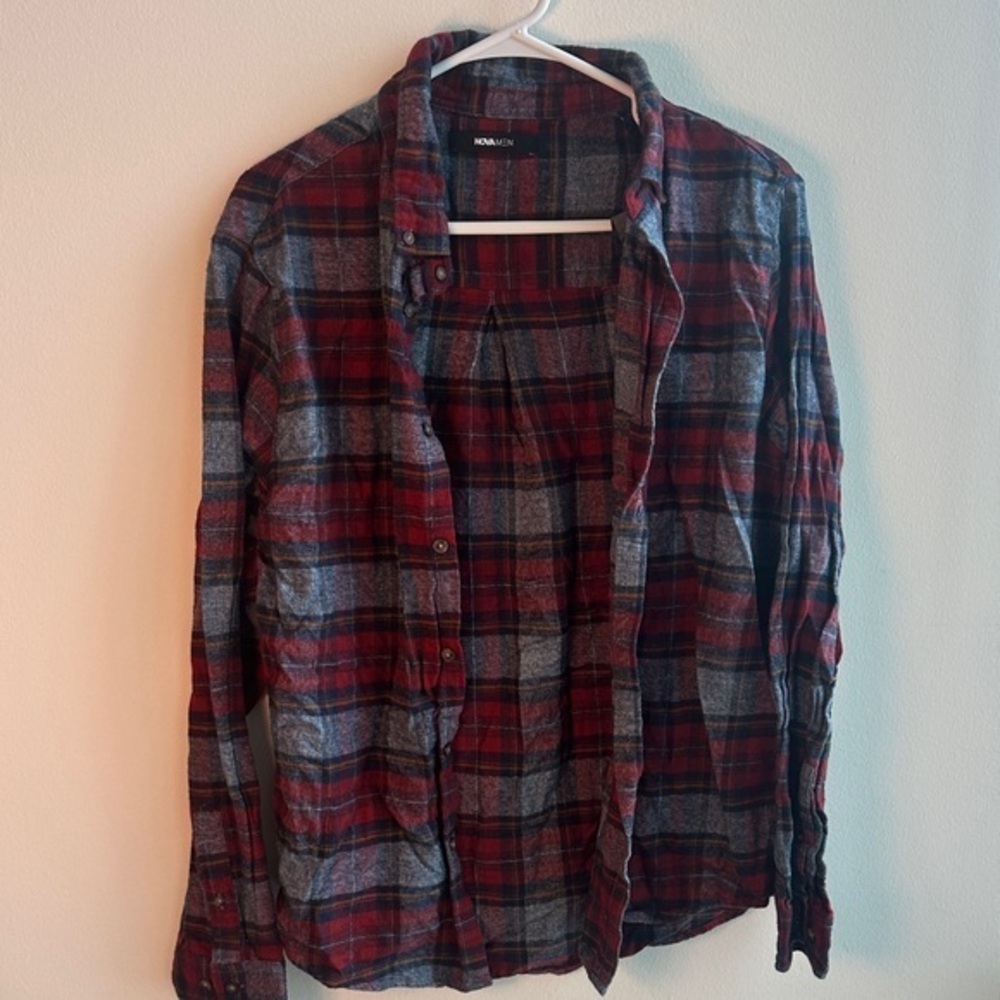 Fashion Nova Men's Red and Gray Plaid Shirt